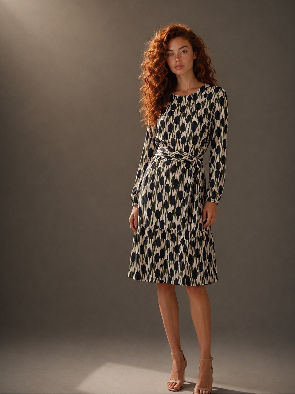 Printed Long-Sleeve Belted Midi Dress in Ivory and Black